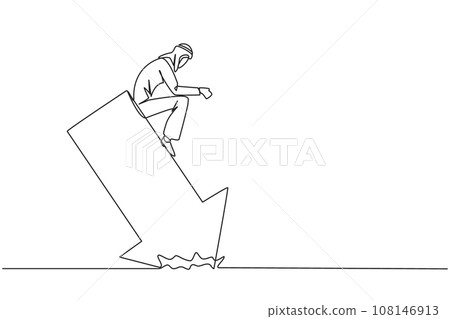 Single one line drawing of Arab sluggish businessman sits downcast on a swooping arrow stuck in the ground. Losses from the stock exchange. Heavy inflation. Continuous line design graphic illustration Single one line drawing of Arab sluggish businessman sits downcast on a swooping arrow stuck in the ground. Losses from the stock exchange. Heavy inflation. Continuous line design graphic illustration 108146913
