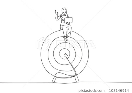 Single one line drawing of Arabian businesswoman sitting on giant arrow target board while holding laptop computer. Invites to focus on pursuing business report targets. Continuous line design graphic 108146914