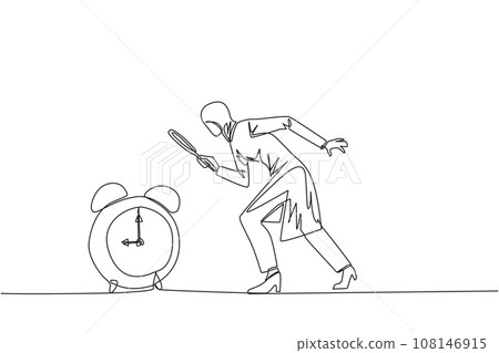 Single continuous line drawing Arabian businesswoman holding magnifying glass looking at alarm clock. Super busy businesswoman, always working overtime. Workaholic. One line design vector illustration Single continuous line drawing Arabian businesswoman holding magnifying glass looking at alarm clock. Super busy businesswoman, always working overtime. Workaholic. One line design vector illustration 108146915
