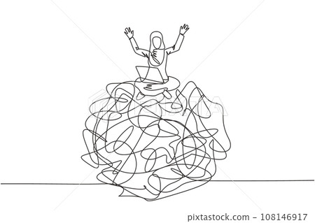 Continuous one line drawing Arabian businesswoman sitting on a giant tangled circle putting laptop on her thighs. Raising both hands as surrender sign. Business flop. Single line draw illustration 108146917