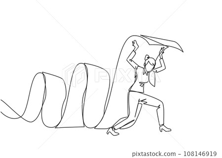 Continuous one line drawing businesswoman held long roll of billing paper with shoulders. Bear and keep paying amount of bills so business continues to run. Single line draw design vector illustration 108146919