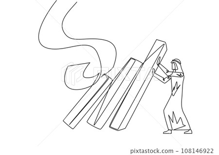 Continuous one line drawing Arab businessman holds back pile of walls resembling collapsed bills. Withstand onslaught of bills by holding back unnecessary business expenses. Single line draw vector Continuous one line drawing Arab businessman holds back pile of walls resembling collapsed bills. Withstand onslaught of bills by holding back unnecessary business expenses. Single line draw vector 108146922