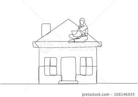Continuous one line drawing of young Arabian businesswoman sitting on miniature house while working at computer laptop. House rental business. Great passive income. Good future life. Single line draw 108146935