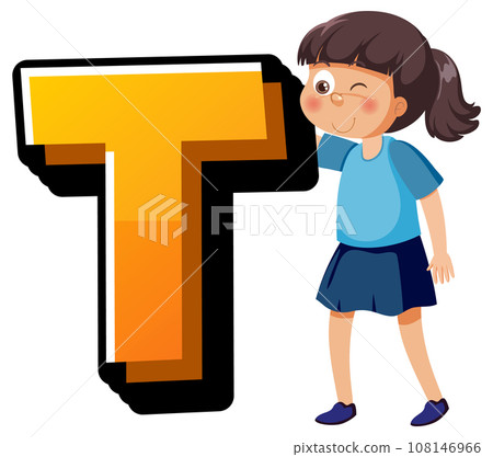 English Letters T Alphabet Font with Boy and Girl Cartoon Characters 108146966