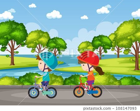 Children Riding Bicycle in Nature Park Children Riding Bicycle in Nature Park 108147093