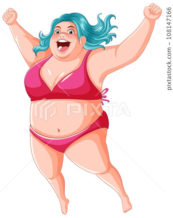 Happy overweight woman with victory expression wearing bikini 108147166