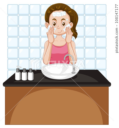 A female teen cleaning face at the sink 108147177