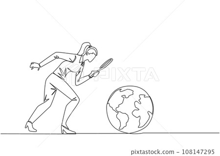Single continuous line drawing of businesswoman holding magnifying glass looking at globe. Analyze and map the territory to open the new business. Growing business. One line design vector illustration 108147295