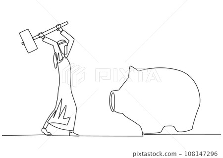 Single one line drawing Arab businessman hits big piggy bank with big hammer. Responsible for paying off all bills by taking savings. Struggle for business. Continuous line design graphic illustration 108147296