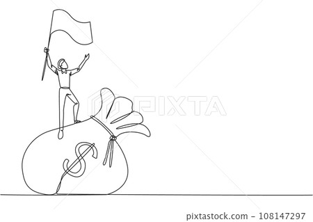 Single continuous line drawing young businessman standing on  giant money bag raising flag. Victory or business achievement obtained for his smart work in managing the business. One line design vector 108147297