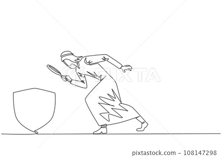 Continuous one line drawing of Arabian businessman holds magnifying glass look at shield. Establish multiple layers of protection for security of business transactions. Single line draw design vector Continuous one line drawing of Arabian businessman holds magnifying glass look at shield. Establish multiple layers of protection for security of business transactions. Single line draw design vector 108147298