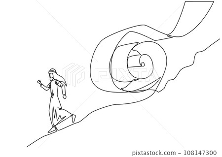 Continuous one line drawing Arabian businessman runs down hill while being chased by rolls of paper bills. Chased by ever-growing bills. Business failure. Single line draw design vector illustration 108147300