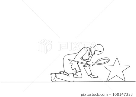 Continuous one line drawing Arabian businesswoman holds magnifying glass look at stars. The high star is the ultimate goal of business level. Reach dreams. Single line draw design vector illustration 108147353