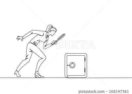Continuous one line drawing of businesswoman holding magnifying glass look at safe deposit box. Finding for the best place of protection to save important data. Single line design vector illustration 108147361