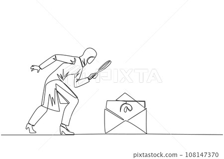 Single continuous line drawing of Arabian businesswoman holds magnifying glass look at email icon. Receive important emails related to the progress of her business. One line design vector illustration Single continuous line drawing of Arabian businesswoman holds magnifying glass look at email icon. Receive important emails related to the progress of her business. One line design vector illustration 108147370