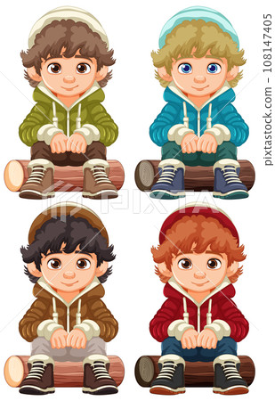 Cheerful Boy in Cartoon Hoodie Sitting on Wooden Log Cheerful Boy in Cartoon Hoodie Sitting on Wooden Log 108147405