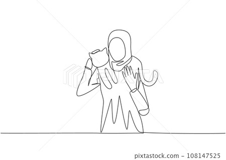 Continuous one line drawing of young Arabian woman carrying cat on her shoulders. Hug and care for his beloved pet carefully. Petting a cat is a sign of affection. Single line draw vector illustration Continuous one line drawing of young Arabian woman carrying cat on her shoulders. Hug and care for his beloved pet carefully. Petting a cat is a sign of affection. Single line draw vector illustration 108147525
