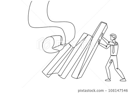 Single one line drawing of businessman holds back pile of walls resembling collapsed bills. Withstand onslaught of bills that accumulate by holding back unnecessary business expenses. Continuous line 108147546