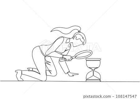 Single one line drawing businesswoman holding magnifying glass looking at hourglass. Businesswoman lack of time to running a business. Bad time management. Continuous line design graphic illustration Single one line drawing businesswoman holding magnifying glass looking at hourglass. Businesswoman lack of time to running a business. Bad time management. Continuous line design graphic illustration 108147547
