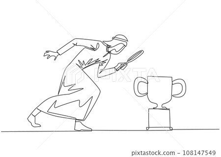 Single continuous line drawing of Arabian businessman holding magnifying glass looking at trophy. Long journey of running a business pays off by finding trophy as reward. One line vector illustration Single continuous line drawing of Arabian businessman holding magnifying glass looking at trophy. Long journey of running a business pays off by finding trophy as reward. One line vector illustration 108147549