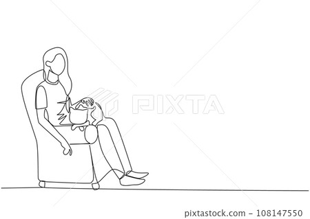 Continuous one line drawing of young beautiful woman sitting on the couch hugging cat and putting it on her thighs. Animal lovers especially cat, pet it untill sleep. Single line draw design vector 108147550
