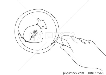 Continuous one line drawing of big hand holding magnifying glass highlights money bag. Focus on business goals to be achieved. A number of money bags will come. Single line design vector illustration Continuous one line drawing of big hand holding magnifying glass highlights money bag. Focus on business goals to be achieved. A number of money bags will come. Single line design vector illustration 108147568