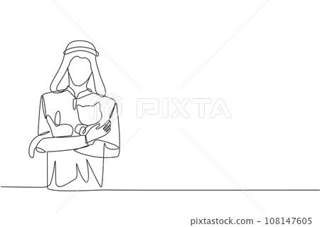 Single one line drawing of young energetic Arabian man holding a cuddle funny cat in front of his chest. The younger generation of animal lovers. Happy man petting cat. Continuous line design graphic Single one line drawing of young energetic Arabian man holding a cuddle funny cat in front of his chest. The younger generation of animal lovers. Happy man petting cat. Continuous line design graphic 108147605