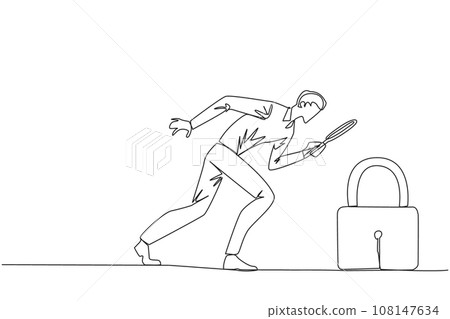 Single one line drawing of businessman holds magnifying glass highlights padlock. Looking ways to protect stock values to keep high and safe from hackers. Continuous line design graphic illustration Single one line drawing of businessman holds magnifying glass highlights padlock. Looking ways to protect stock values to keep high and safe from hackers. Continuous line design graphic illustration 108147634