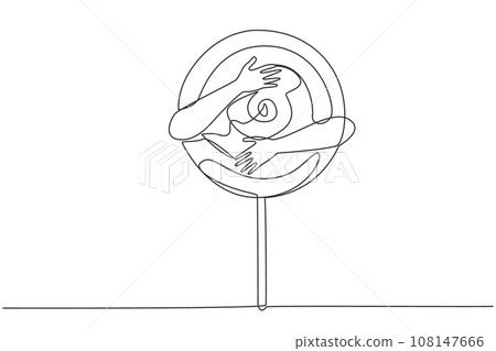 Continuous one line drawing human hands hugging lollipop. One of popular snacks that have sweet taste with colorful colors. Has a distinctive shape because has a stalk. Single line draw design vector Continuous one line drawing human hands hugging lollipop. One of popular snacks that have sweet taste with colorful colors. Has a distinctive shape because has a stalk. Single line draw design vector 108147666