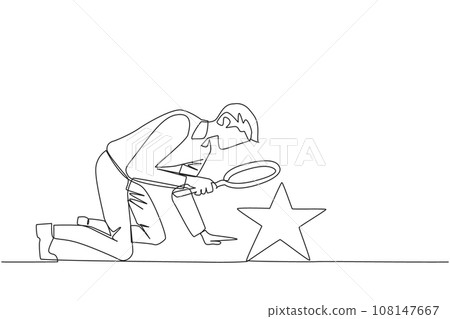 Single continuous line drawing of businessman holds magnifying glass highlighting stars. The high star is the ultimate goal of the business level. Reach dreams. One line design vector illustration 108147667