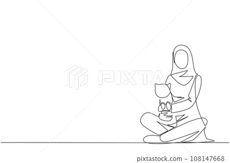 Single one line drawing of young Arabian woman sitting cross-legged hugging a little cat. She loves the cat because it has been taken care of since the cat was born. Continuous line design graphic Single one line drawing of young Arabian woman sitting cross-legged hugging a little cat. She loves the cat because it has been taken care of since the cat was born. Continuous line design graphic 108147668