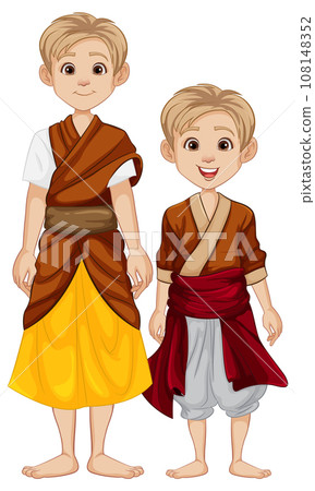 Southeast Asian Men in Traditional Outfits: A Cartoon Illustration Southeast Asian Men in Traditional Outfits: A Cartoon Illustration 108148352