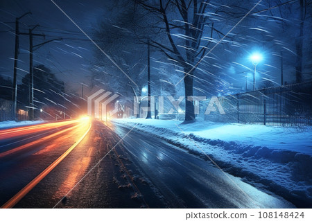 snowy road during a snowstorm on a winter night, AI-generated content, AI content snowy road during a snowstorm on a winter night, AI-generated content, AI content 108148424