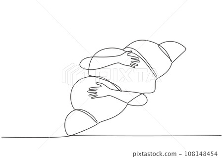 Single one line drawing of hands hugging croissant. Food in the form of soft bread in the shape of a crescent moon. This snack is synonymous with France. Continuous line design graphic illustration Single one line drawing of hands hugging croissant. Food in the form of soft bread in the shape of a crescent moon. This snack is synonymous with France. Continuous line design graphic illustration 108148454