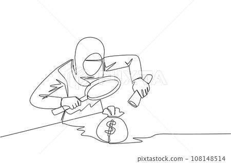 Single continuous line drawing of Arabian businesswoman holds a magnifier and flashlight, then checks the money bag. Investigate money bag ownership. Style like detective. One line vector illustration 108148514