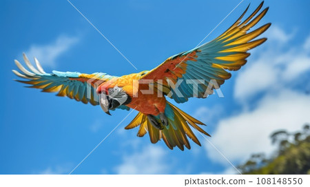 Beautifu macaw flying, Ara arakanga Beautifu macaw flying, Ara arakanga 108148550