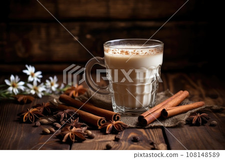 Spiced tea with milk on the rustic wooden table. 108148589