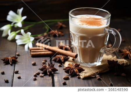 Spiced tea with milk on the rustic wooden table. 108148590