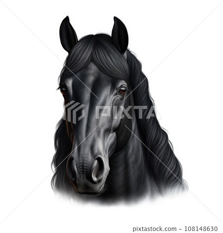 Head of a black Friesian horse on a white background 108148630