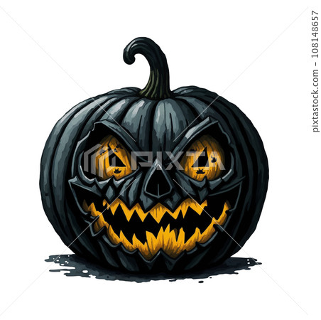 Black wooden Halloween pumpkin. Jack o'lantern with pumpkin head with scary evil face on spooky holiday. Black wooden Halloween pumpkin. Jack o'lantern with pumpkin head with scary evil face on spooky holiday. 108148657
