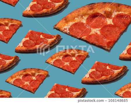 Pepperoni slice pizza pattern. Food pattern with hard shadows Pepperoni slice pizza pattern. Food pattern with hard shadows 108148685