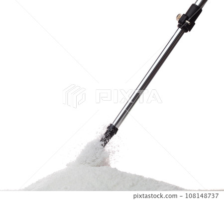 Trekking Poles put on snow ice. Telescopic trekking poles stick device for elderly people to walk with support protection hiking in woods mountain. White background isolated 108148737
