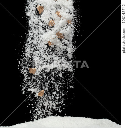 Gold nugget construction object under snow on roof. Gold nugget object hidden in snow. Snow fall with risk accident hazard cover trash garbage debris. Black background isolated Gold nugget construction object under snow on roof. Gold nugget object hidden in snow. Snow fall with risk accident hazard cover trash garbage debris. Black background isolated 108148742