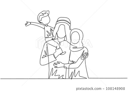 Single one line drawing of young Arabian woman hug her handsome husband who is holding their little cute son. Smiling couple with child. Happy family concept. Continuous line design illustration 108148908