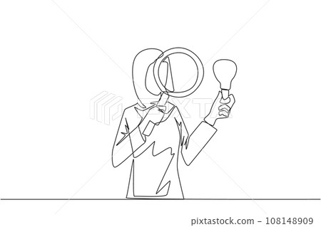 Single one line drawing Arabian businesswoman inspects lightbulb she holds with a magnifier. Analyze existing ideas and select them for new business needs. Continuous line design graphic illustration Single one line drawing Arabian businesswoman inspects lightbulb she holds with a magnifier. Analyze existing ideas and select them for new business needs. Continuous line design graphic illustration 108148909