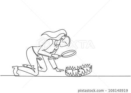 Single continuous line drawing businesswoman looked down to examine the trap of the animal and in the middle there a banknote with magnifier. Traps for the corrupt. One line design vector illustration Single continuous line drawing businesswoman looked down to examine the trap of the animal and in the middle there a banknote with magnifier. Traps for the corrupt. One line design vector illustration 108148919