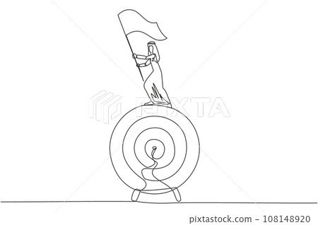 Continuous one line drawing of Arabian businessman standing on giant arrow target board raising flag. Focus on targets, be patient, smart business, success will be achieved. Single line draw vector 108148920