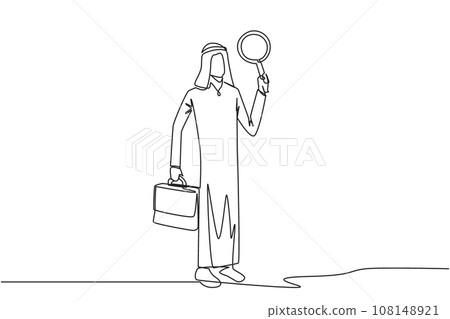 Continuous one line drawing Arabian businessman holds the magnifier in his left hand while in right hand holds a briefcase. Businessman who offer cooperation proposals. Single line draw design vector Continuous one line drawing Arabian businessman holds the magnifier in his left hand while in right hand holds a briefcase. Businessman who offer cooperation proposals. Single line draw design vector 108148921