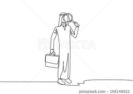Single continuous line drawing Arab businessman stood holding a magnifier and the other holding a briefcase. Look for smallest possible opportunities for profit that can be exploited. One line vector Single continuous line drawing Arab businessman stood holding a magnifier and the other holding a briefcase. Look for smallest possible opportunities for profit that can be exploited. One line vector 108148922