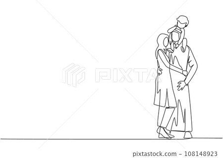 Single continuous line drawing of young Arabian woman hug her handsome husband who is holding their little cute son on shoulders hug. Happy Arabian family concept. One line design vector illustration Single continuous line drawing of young Arabian woman hug her handsome husband who is holding their little cute son on shoulders hug. Happy Arabian family concept. One line design vector illustration 108148923